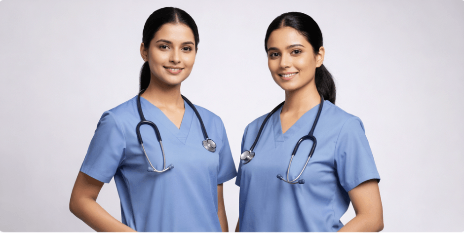 Two healthcare professionals in blue medical scrubs