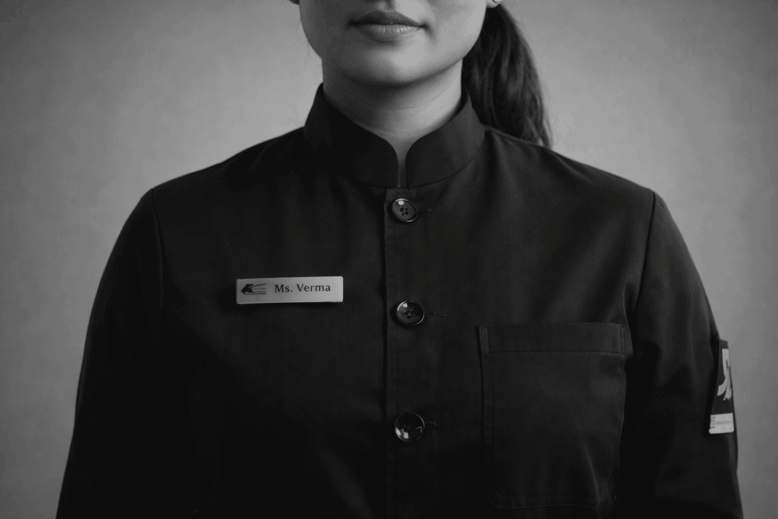 Person wearing a black tailored Beyond Labels uniform