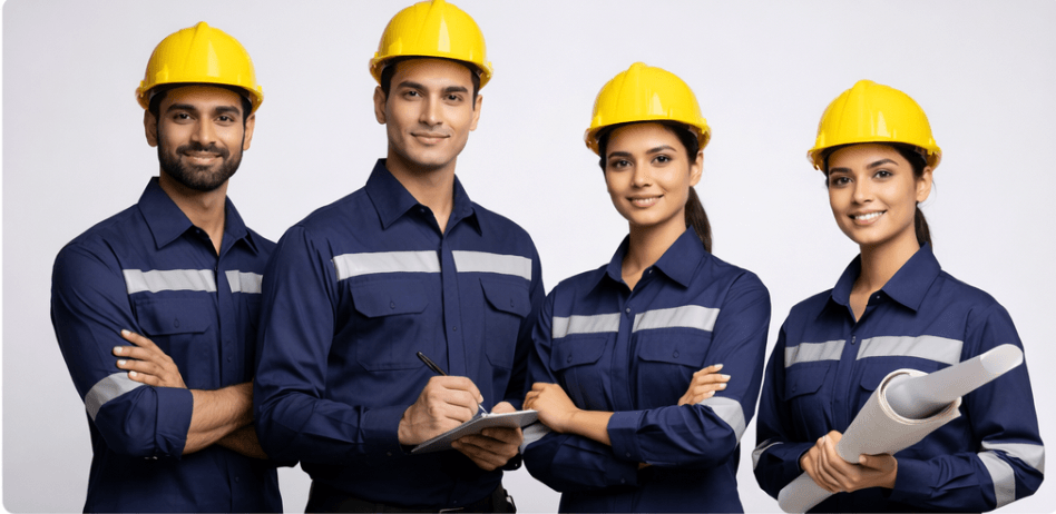 Two industrial workers in high-visibility safety uniforms